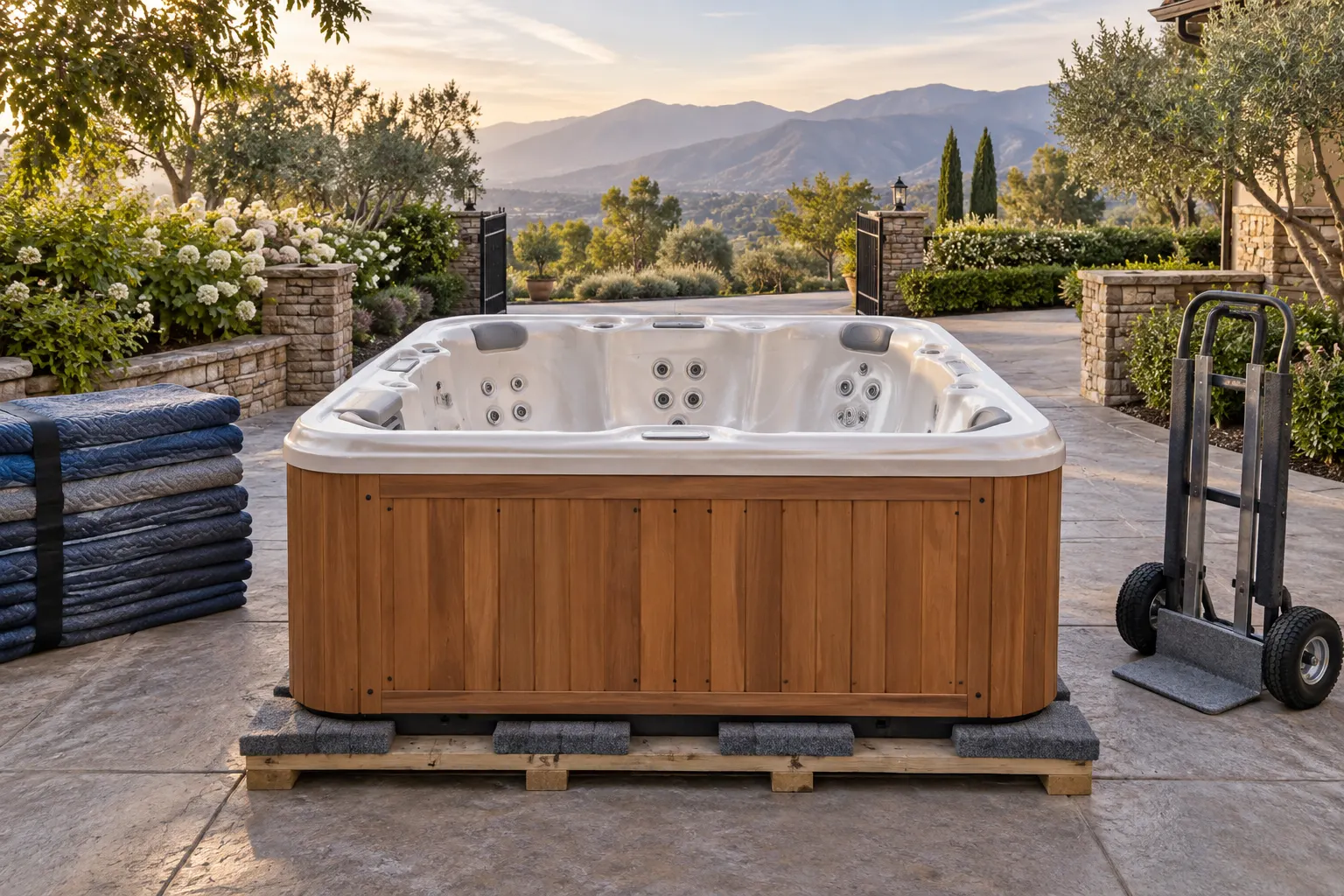 Illustration of a freestanding portable hot tub and its surrounding access area