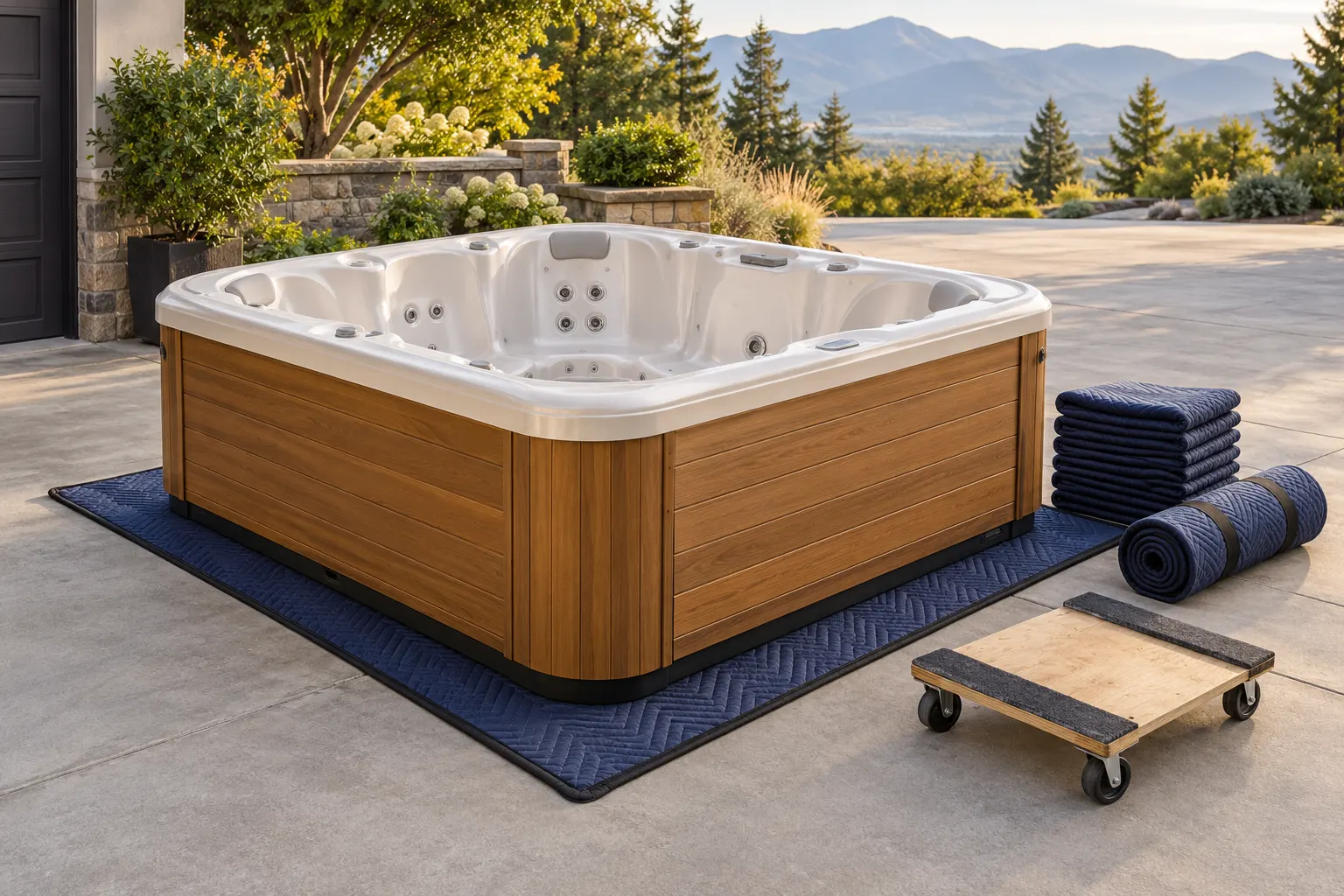 Illustration of a freestanding portable hot tub and its surrounding access area
