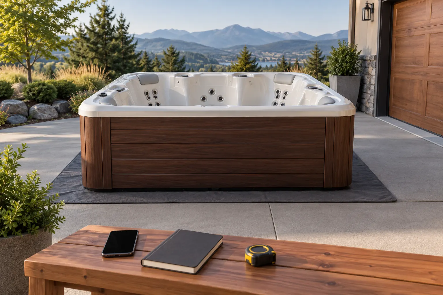 Illustration of a freestanding portable hot tub and its surrounding access area
