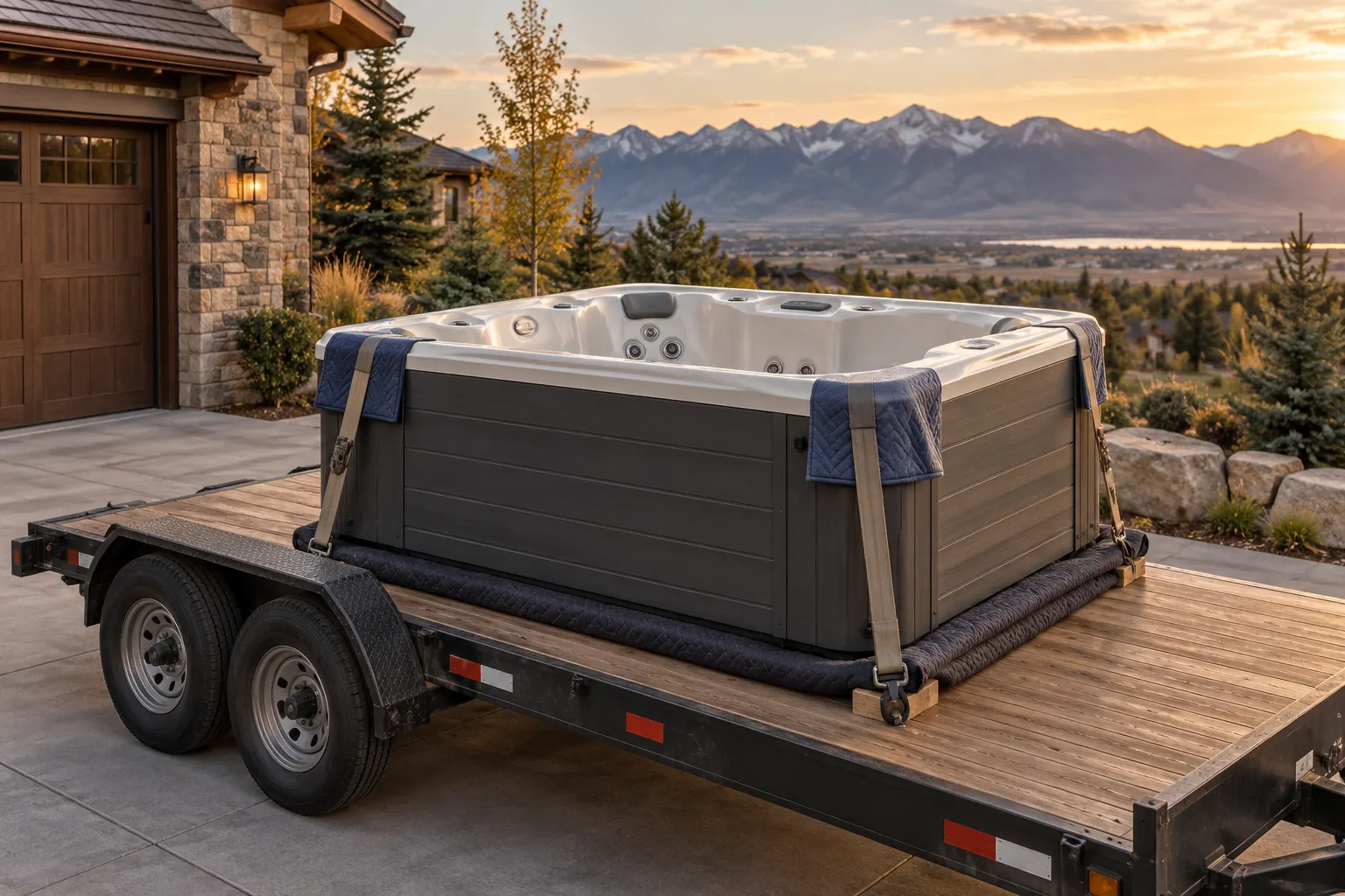 Illustration of a protected portable hot tub on a parked flatbed trailer