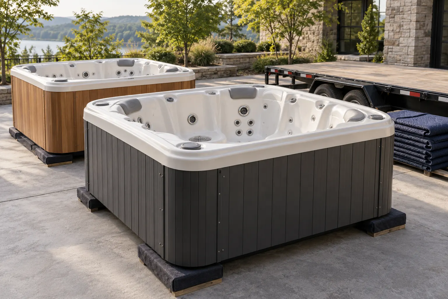 Illustration of a freestanding portable hot tub and its surrounding access area