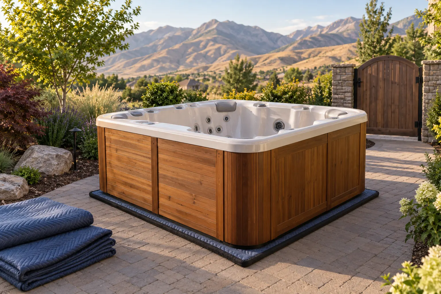 Illustration of a portable hot tub beside a residential access route