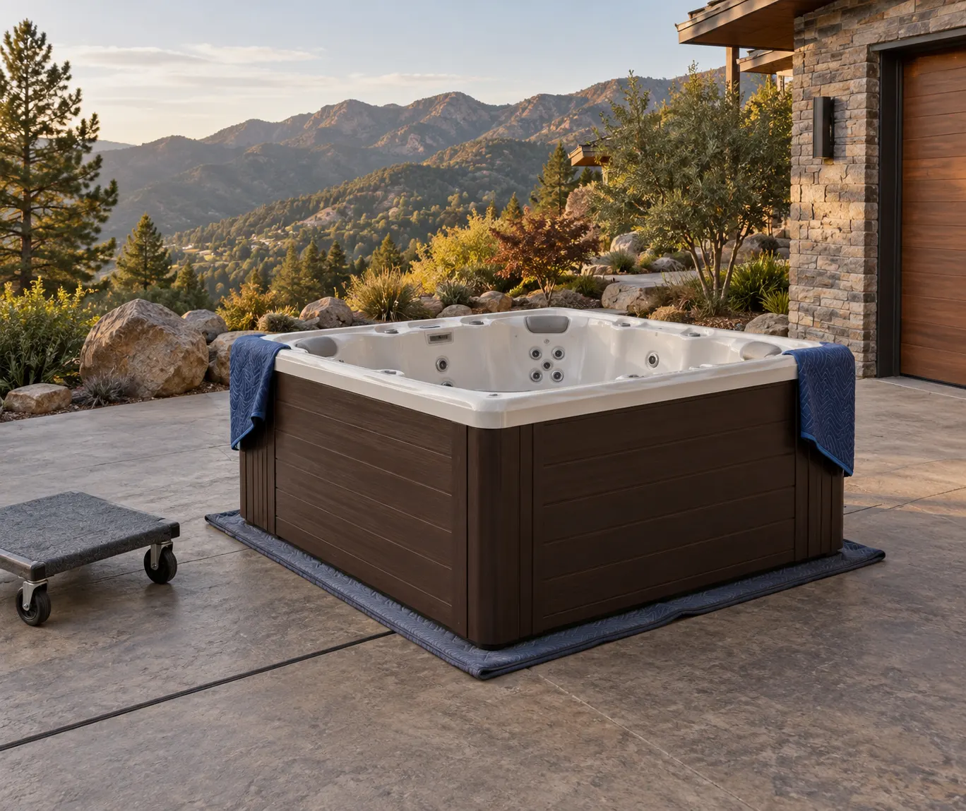 Illustration of a portable hot tub beside a residential access route