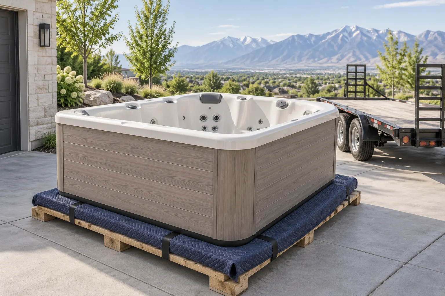 Illustration of a portable hot tub beside a residential access route