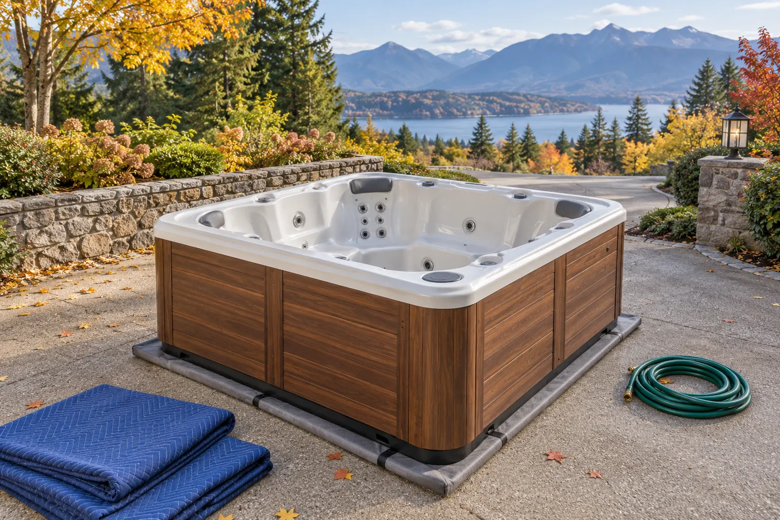 Illustration of a portable hot tub beside a residential access route
