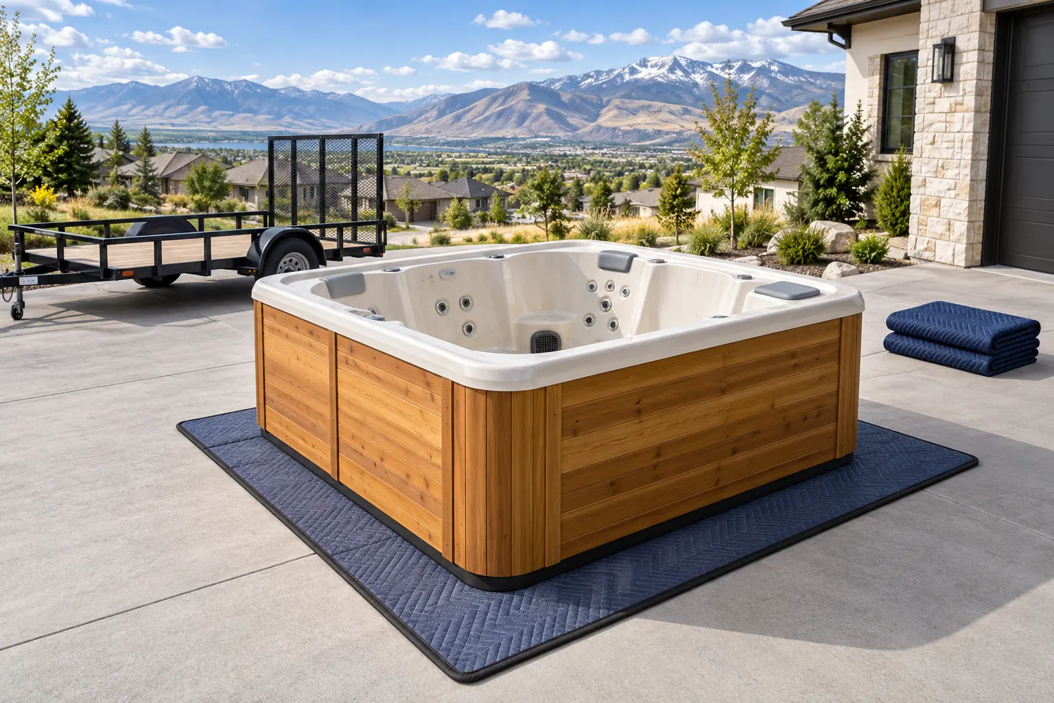 Illustration of a portable hot tub beside a residential access route