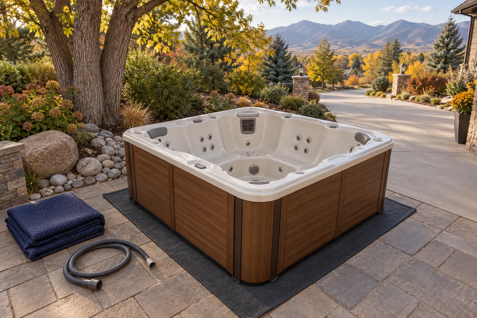 Illustration of a portable hot tub beside a residential access route