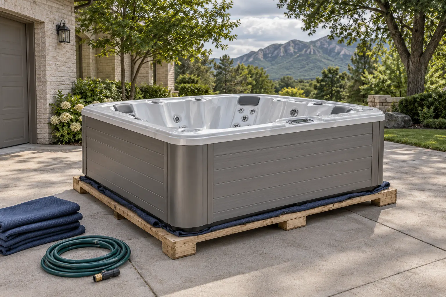 Illustration of a portable hot tub beside a residential access route