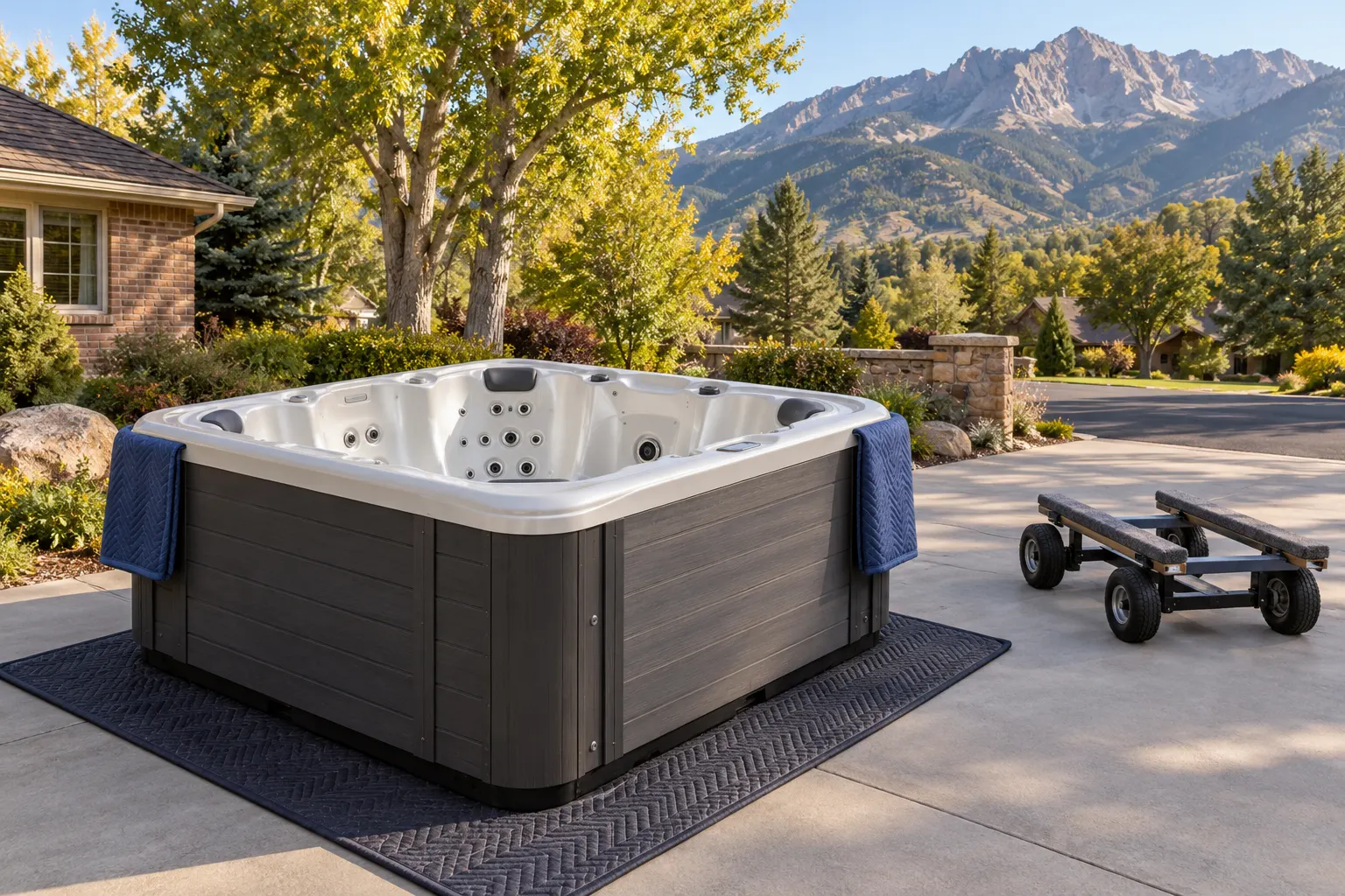 Illustration of a portable hot tub beside a residential access route
