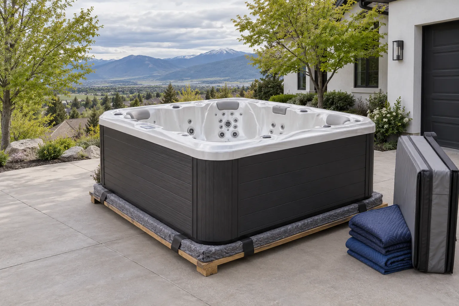 Illustration of a portable hot tub beside a residential access route