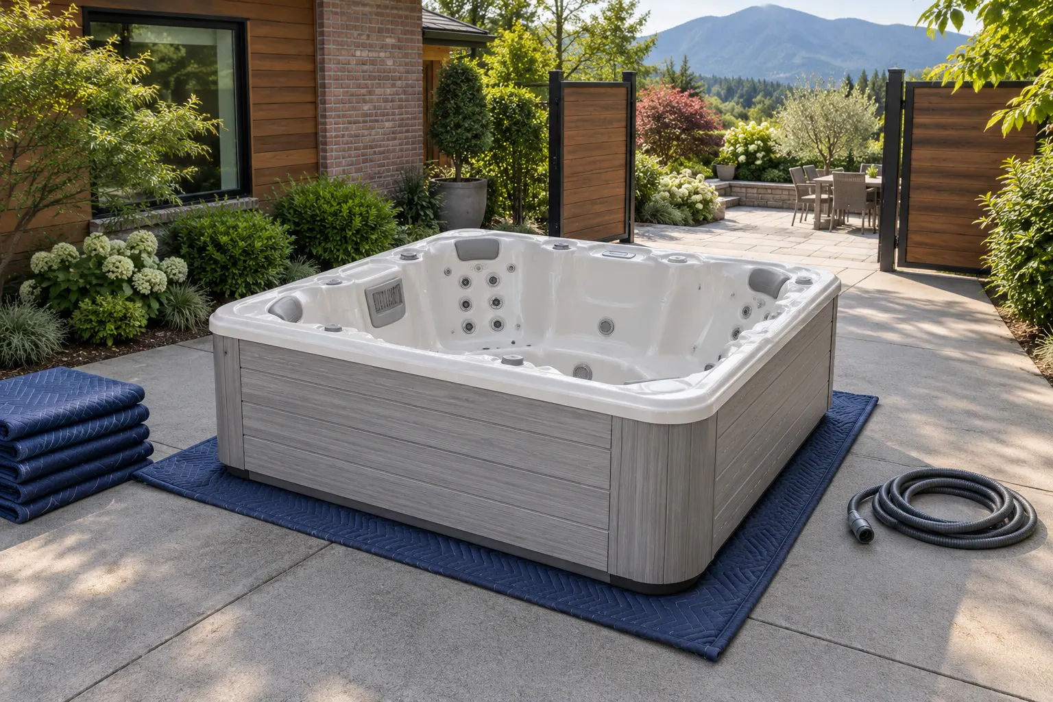 Illustration of a portable hot tub beside a residential access route
