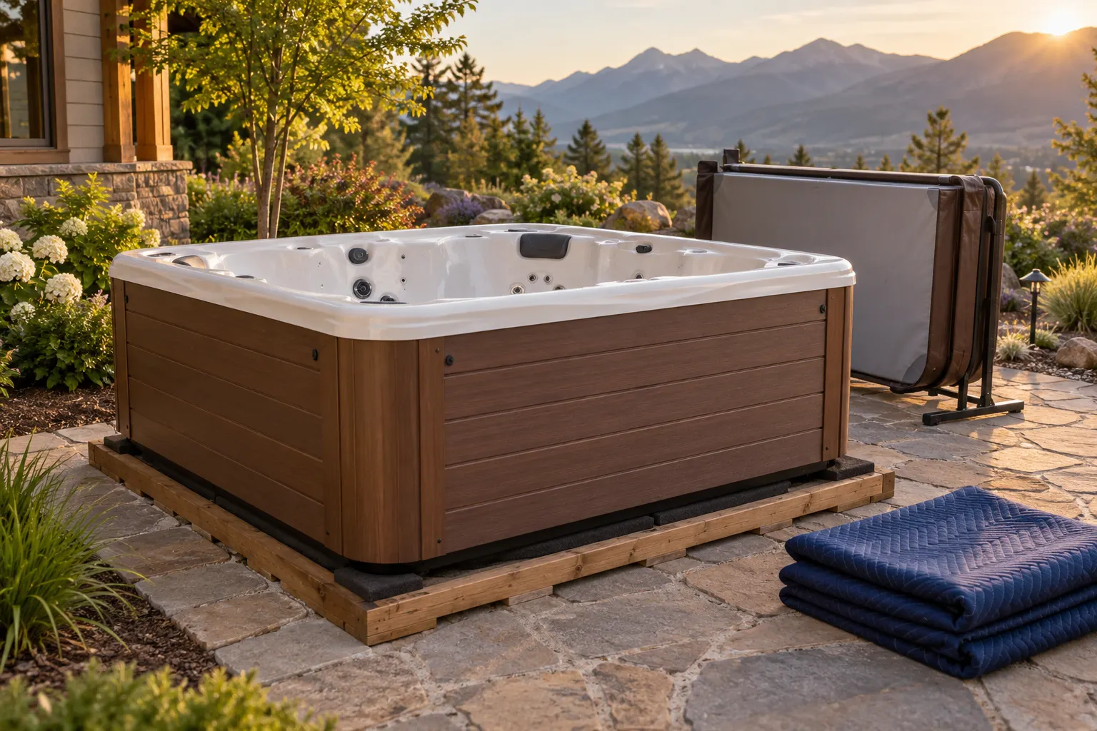 Illustration of a portable hot tub beside a residential access route