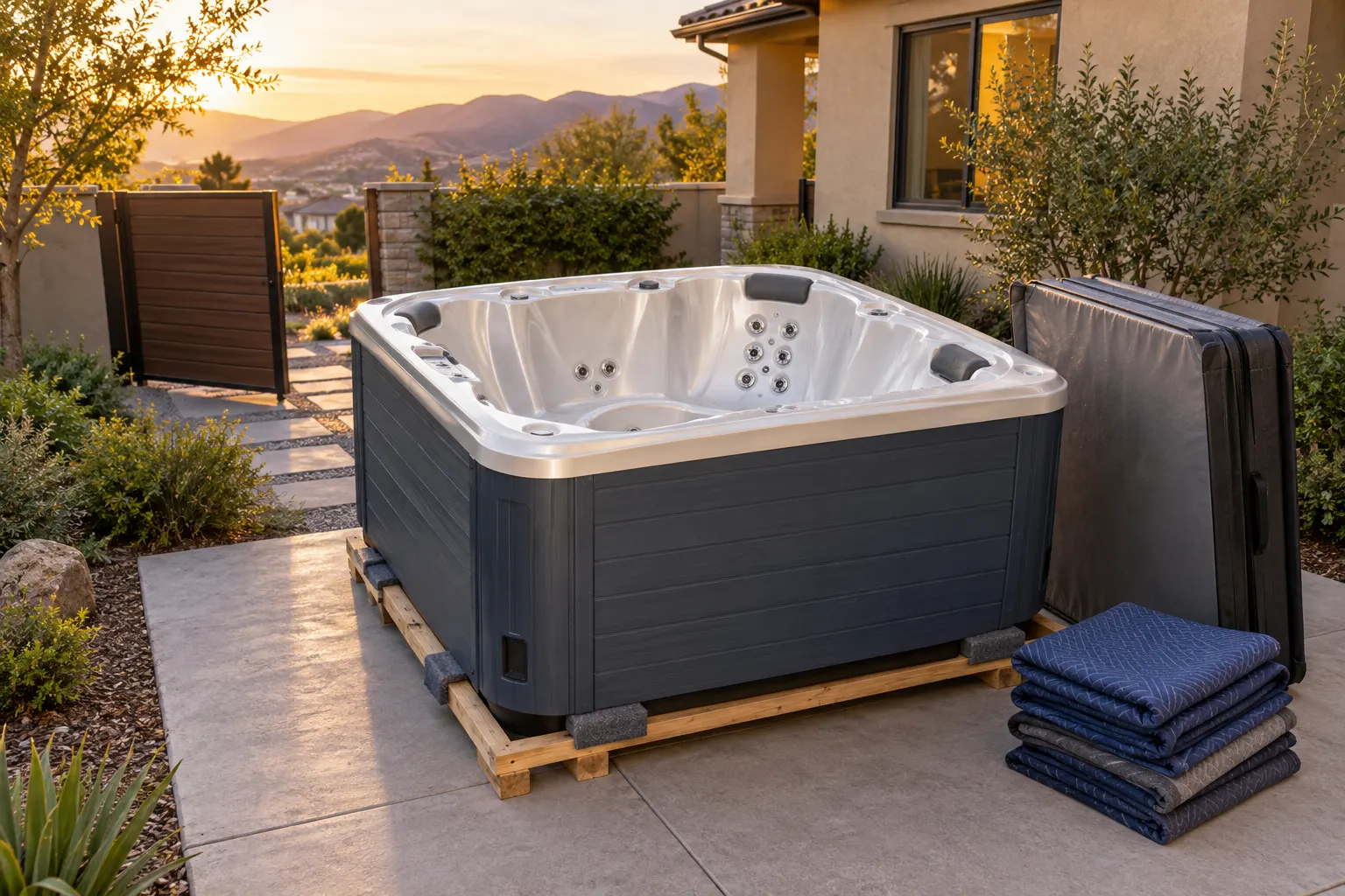 Illustration of a portable hot tub beside a residential access route