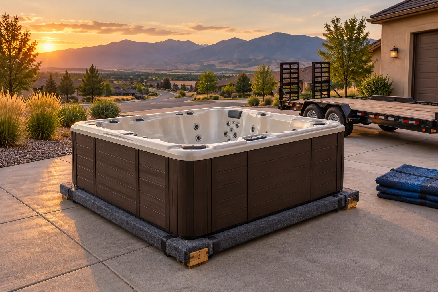 Illustration of a portable hot tub beside a residential access route