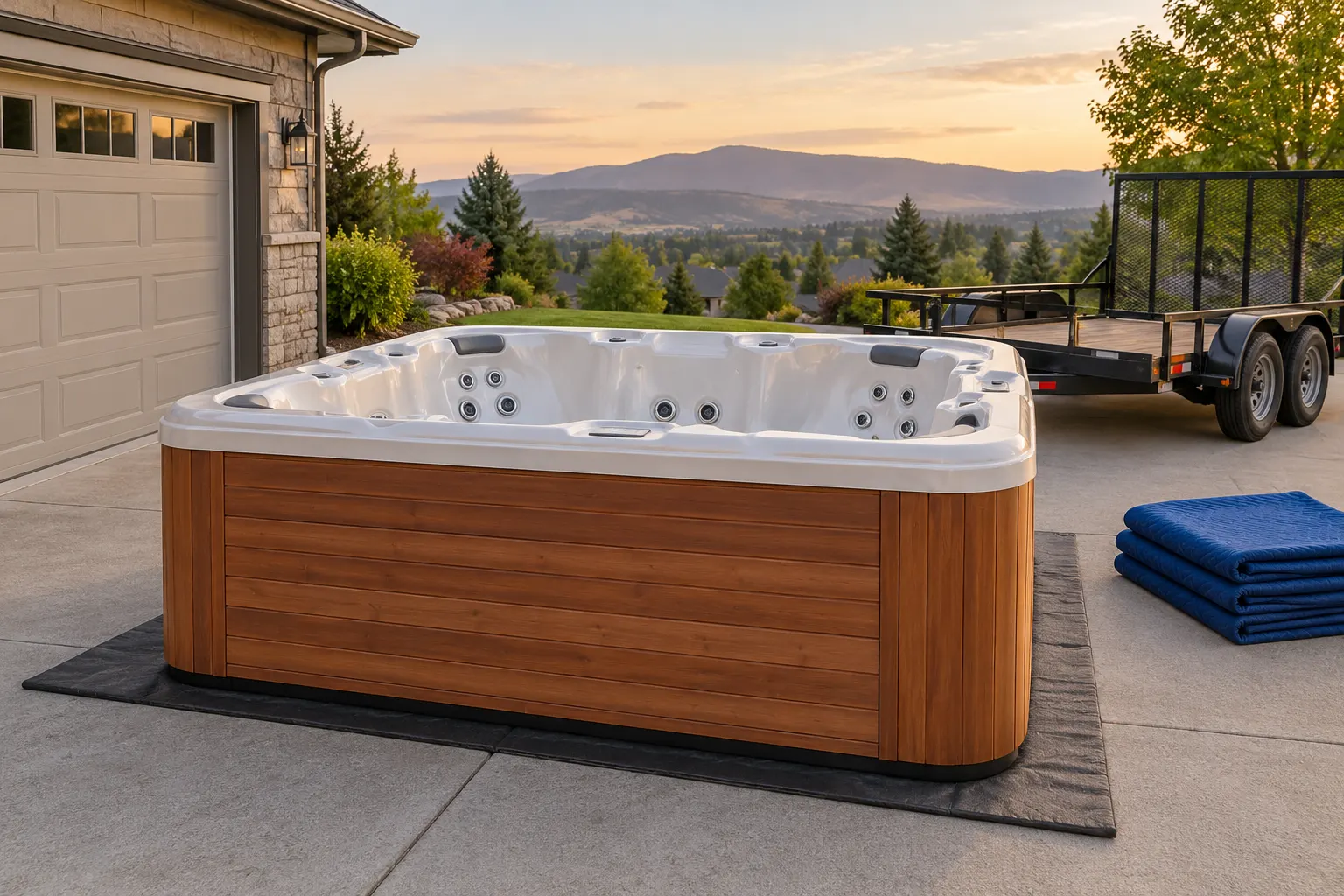 Illustration of a freestanding portable hot tub and its surrounding access area