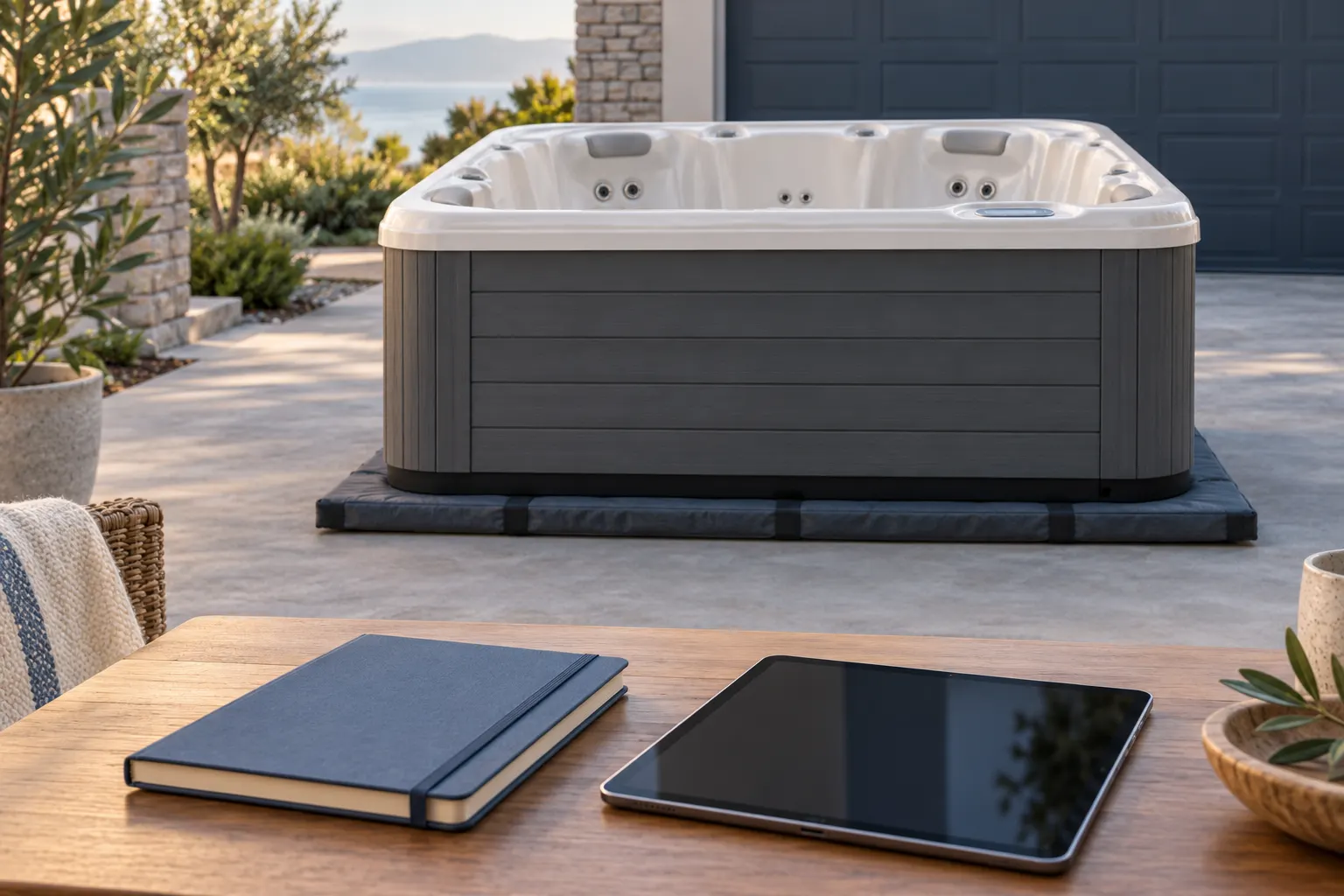 Illustration of a portable hot tub behind a closed notebook and inactive tablet