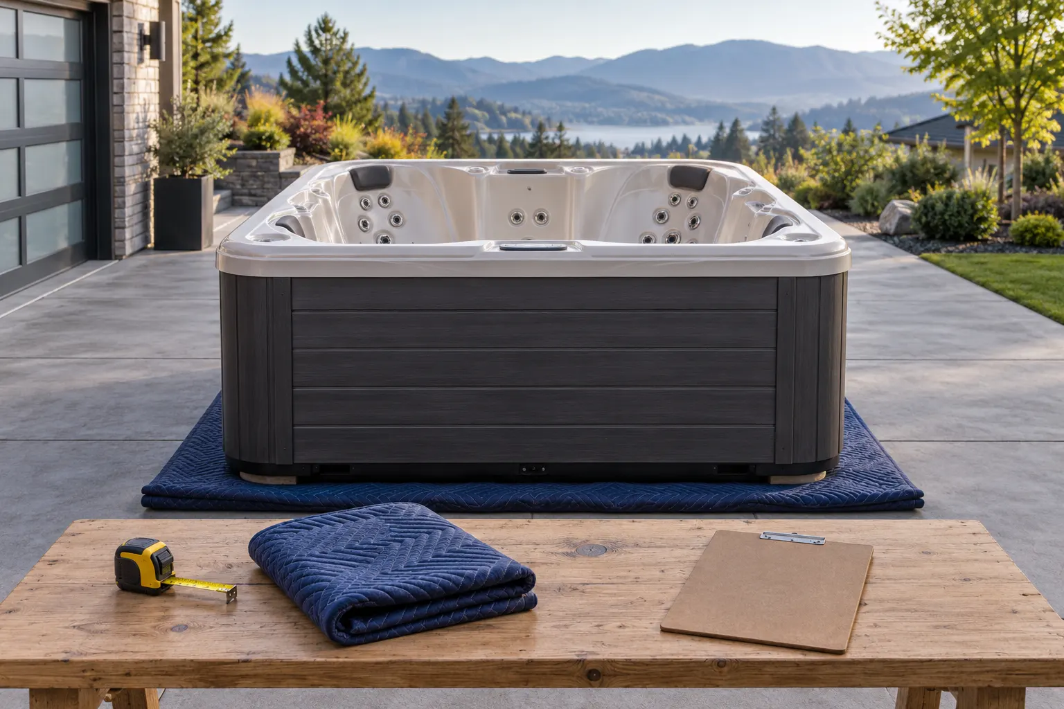 Illustration of a freestanding portable hot tub and its surrounding access area