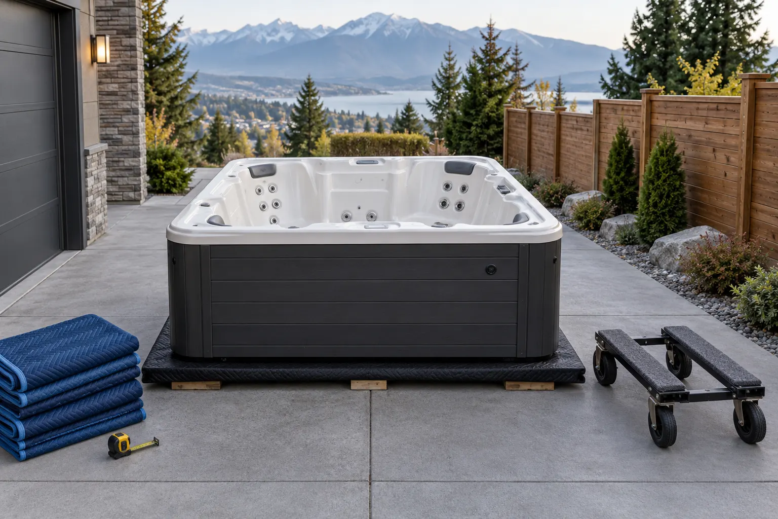 Illustration of a freestanding portable hot tub and its surrounding access area