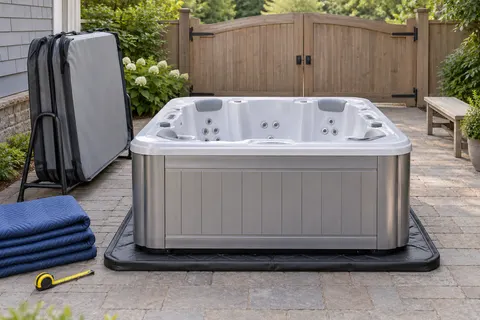 Illustration of a freestanding portable hot tub and its surrounding access area