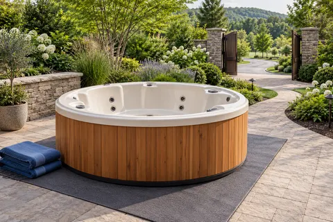Illustration of a freestanding portable hot tub and its surrounding access area