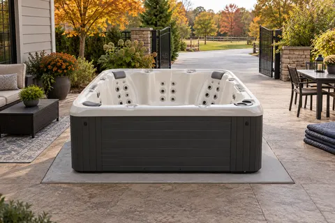 Illustration of a freestanding portable hot tub and its surrounding access area