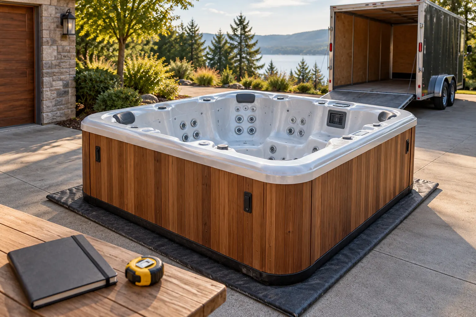 Illustration of a freestanding portable hot tub and its surrounding access area