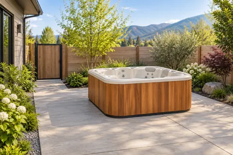 Illustration of a freestanding portable hot tub and its surrounding access area