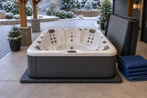 Illustration of a freestanding portable hot tub and its surrounding access area