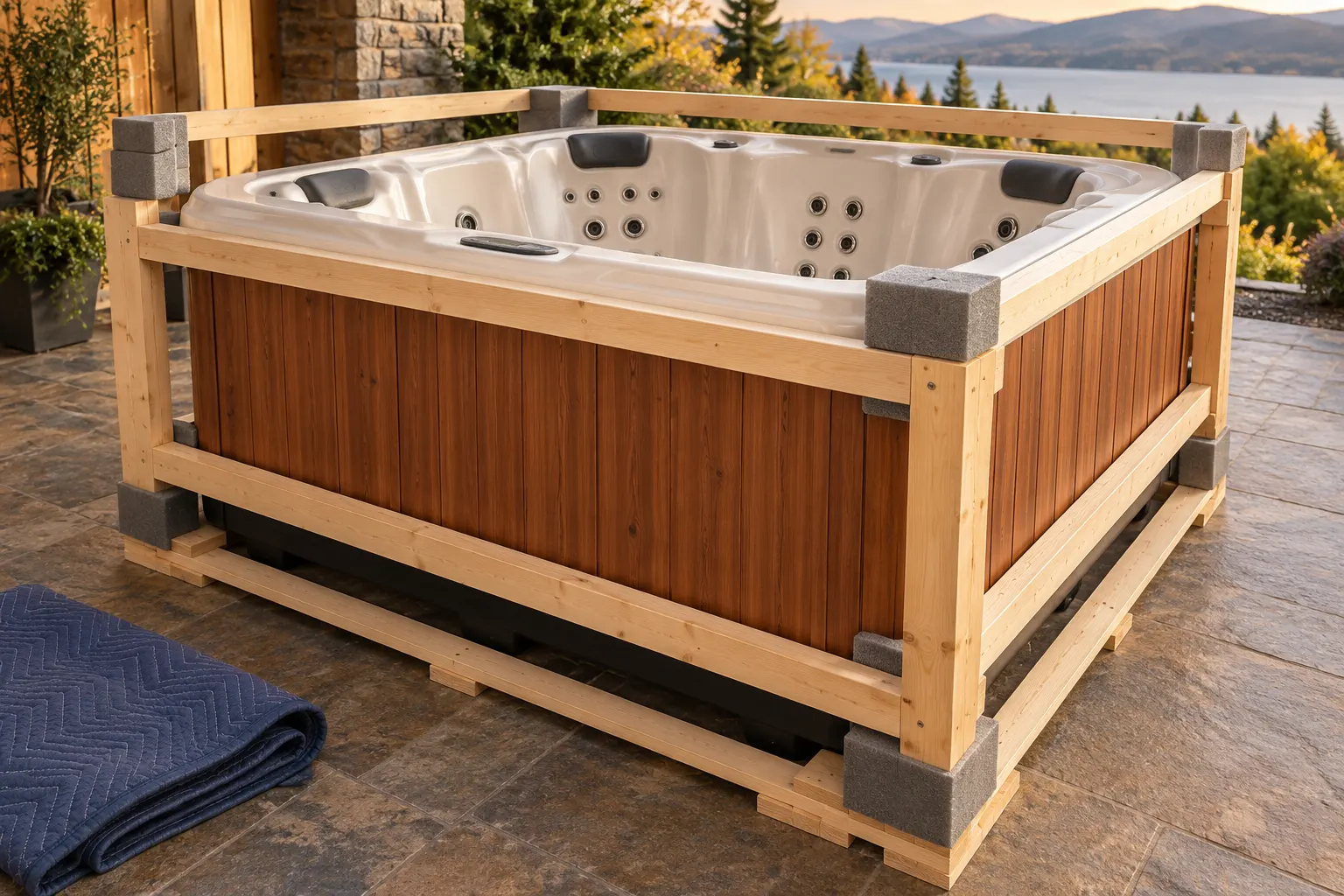 Illustration of a freestanding portable hot tub and its surrounding access area