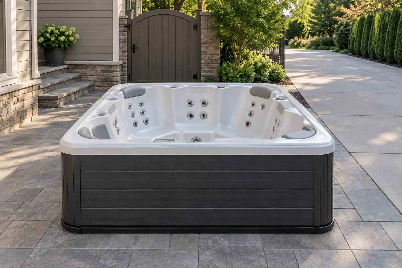 Illustration of a freestanding portable hot tub and its surrounding access area