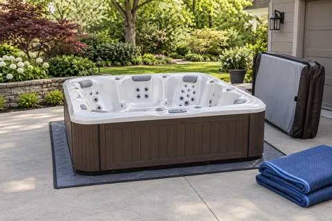 Illustration of a freestanding portable hot tub and its surrounding access area