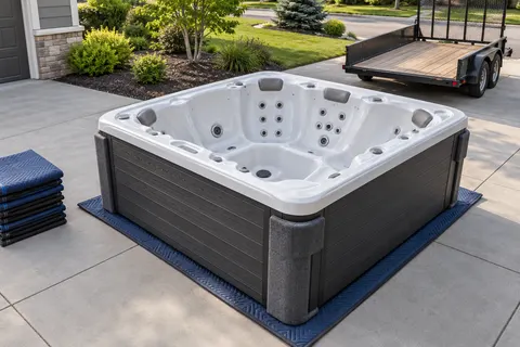 Illustration of a freestanding portable hot tub and its surrounding access area