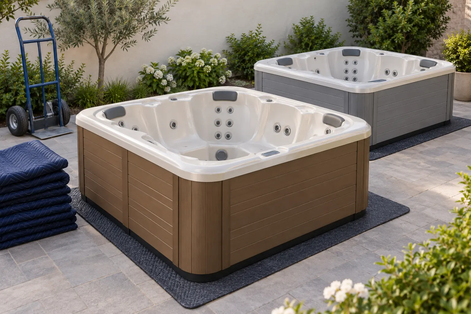 Illustration of a freestanding portable hot tub and its surrounding access area