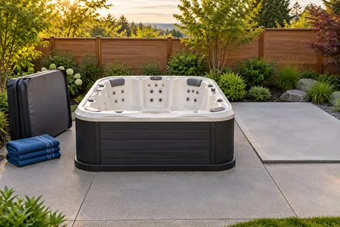 Illustration of a freestanding portable hot tub and its surrounding access area