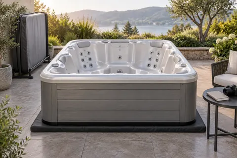 Illustration of a freestanding portable hot tub and its surrounding access area