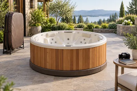Illustration of a freestanding portable hot tub and its surrounding access area