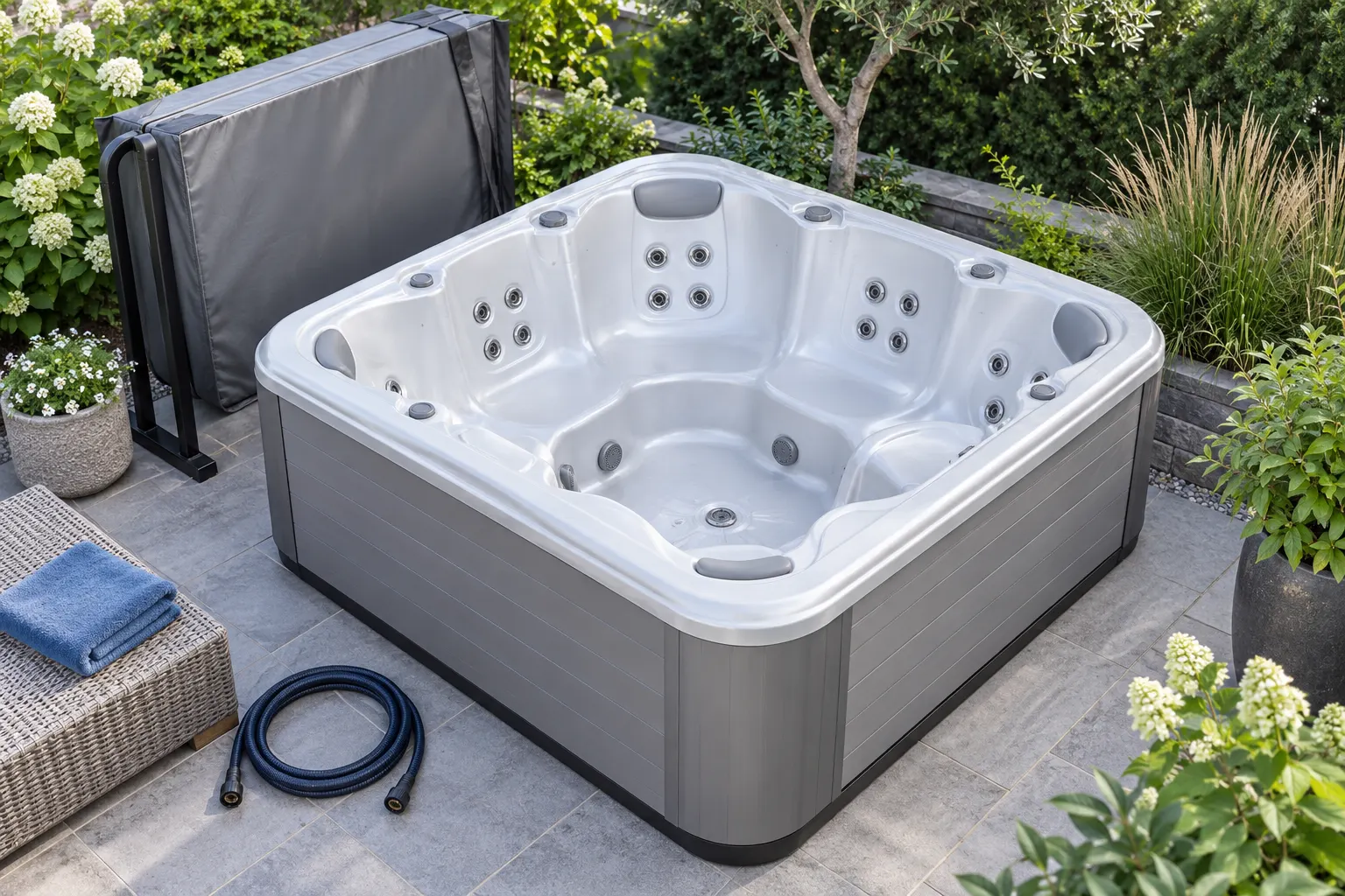 Illustration of a freestanding portable hot tub and its surrounding access area