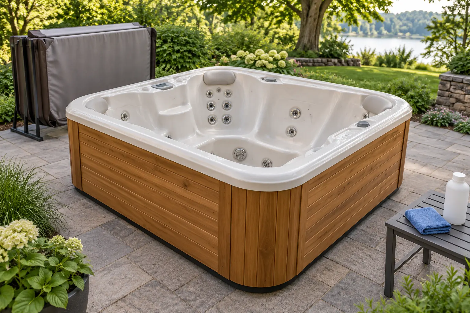 Illustration of a freestanding portable hot tub and its surrounding access area