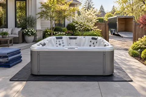 Illustration of a freestanding portable hot tub and its surrounding access area