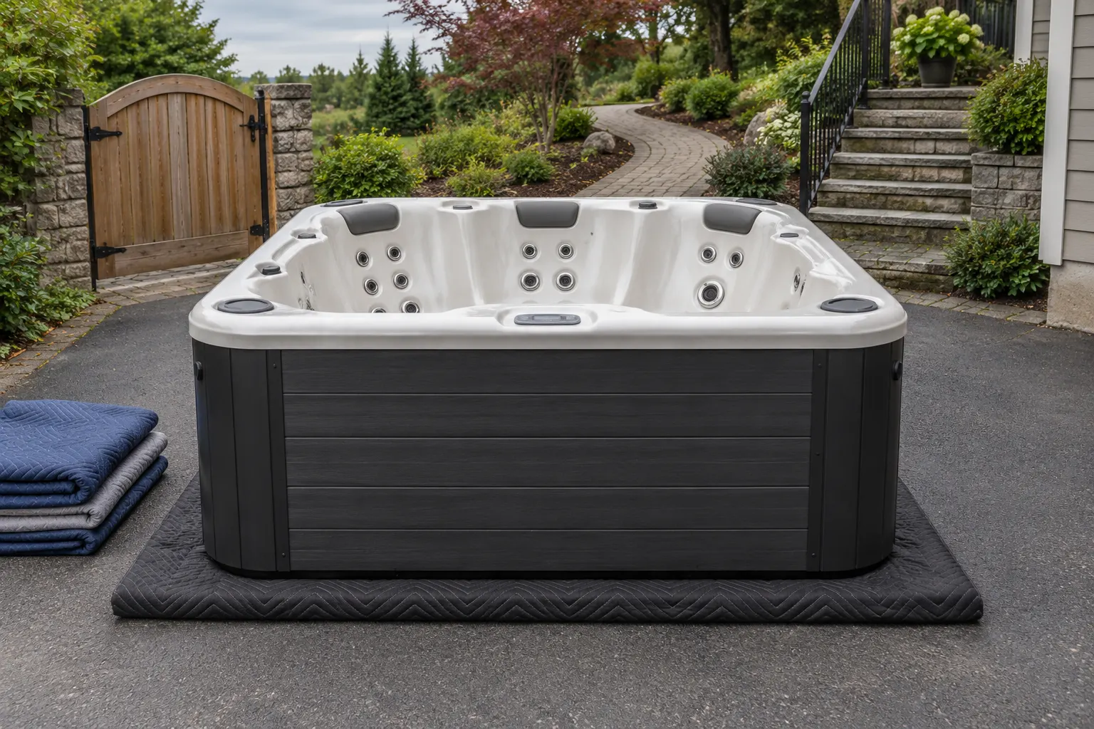 Illustration of a freestanding portable hot tub and its surrounding access area
