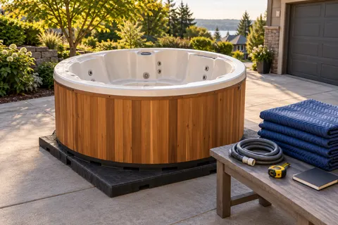 Illustration of a freestanding portable hot tub and its surrounding access area