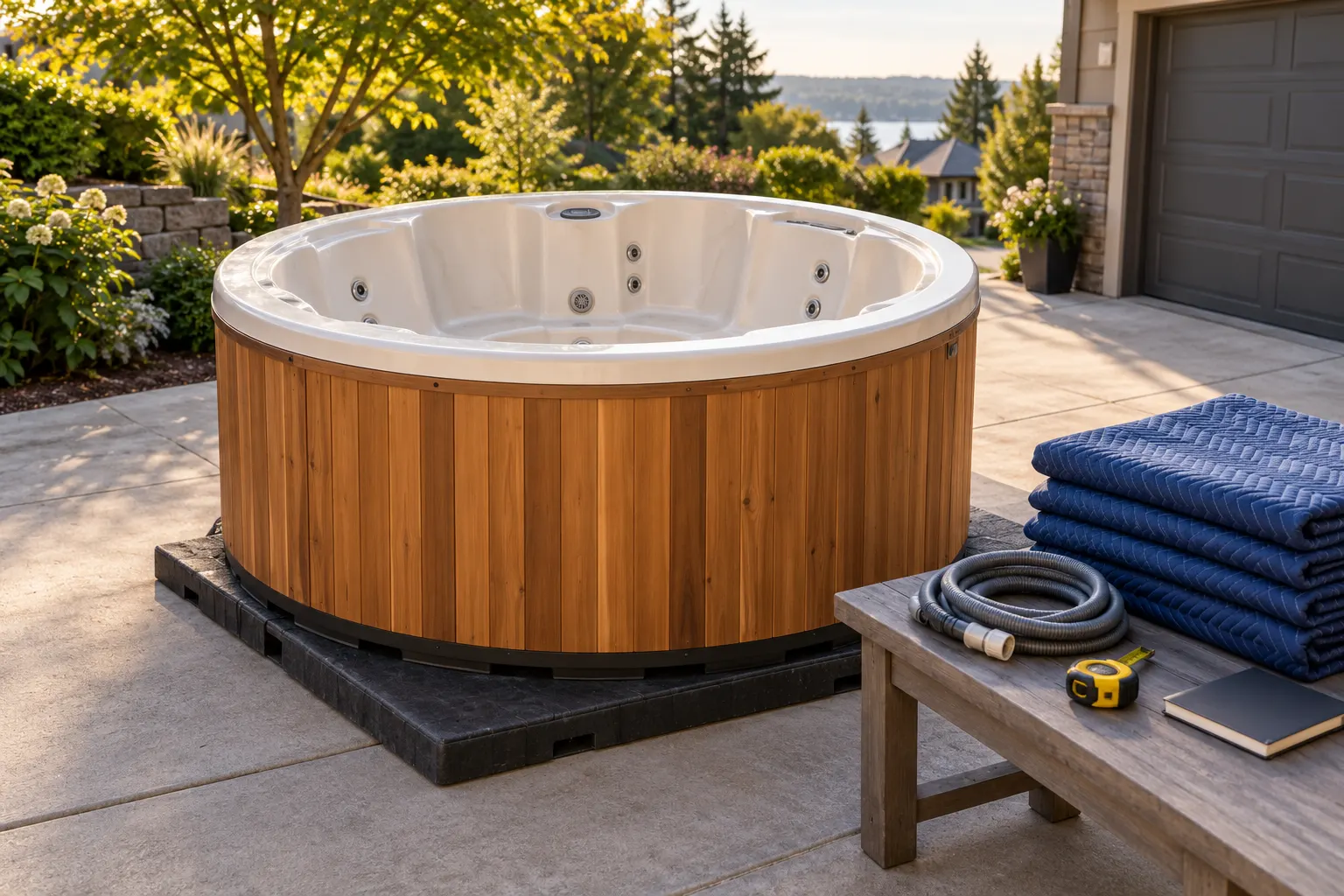 Illustration of a freestanding portable hot tub and its surrounding access area