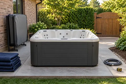Illustration of a freestanding portable hot tub and its surrounding access area