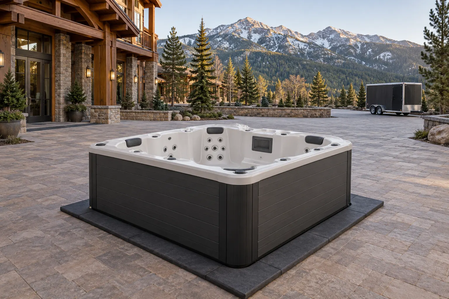 Illustration of a freestanding portable hot tub and its surrounding access area