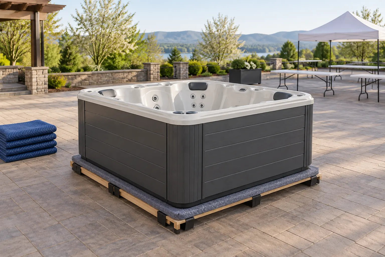 Illustration of a freestanding portable hot tub and its surrounding access area