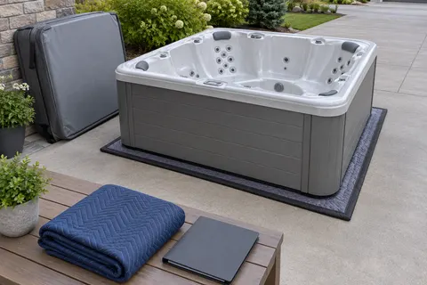 Illustration of a freestanding portable hot tub and its surrounding access area