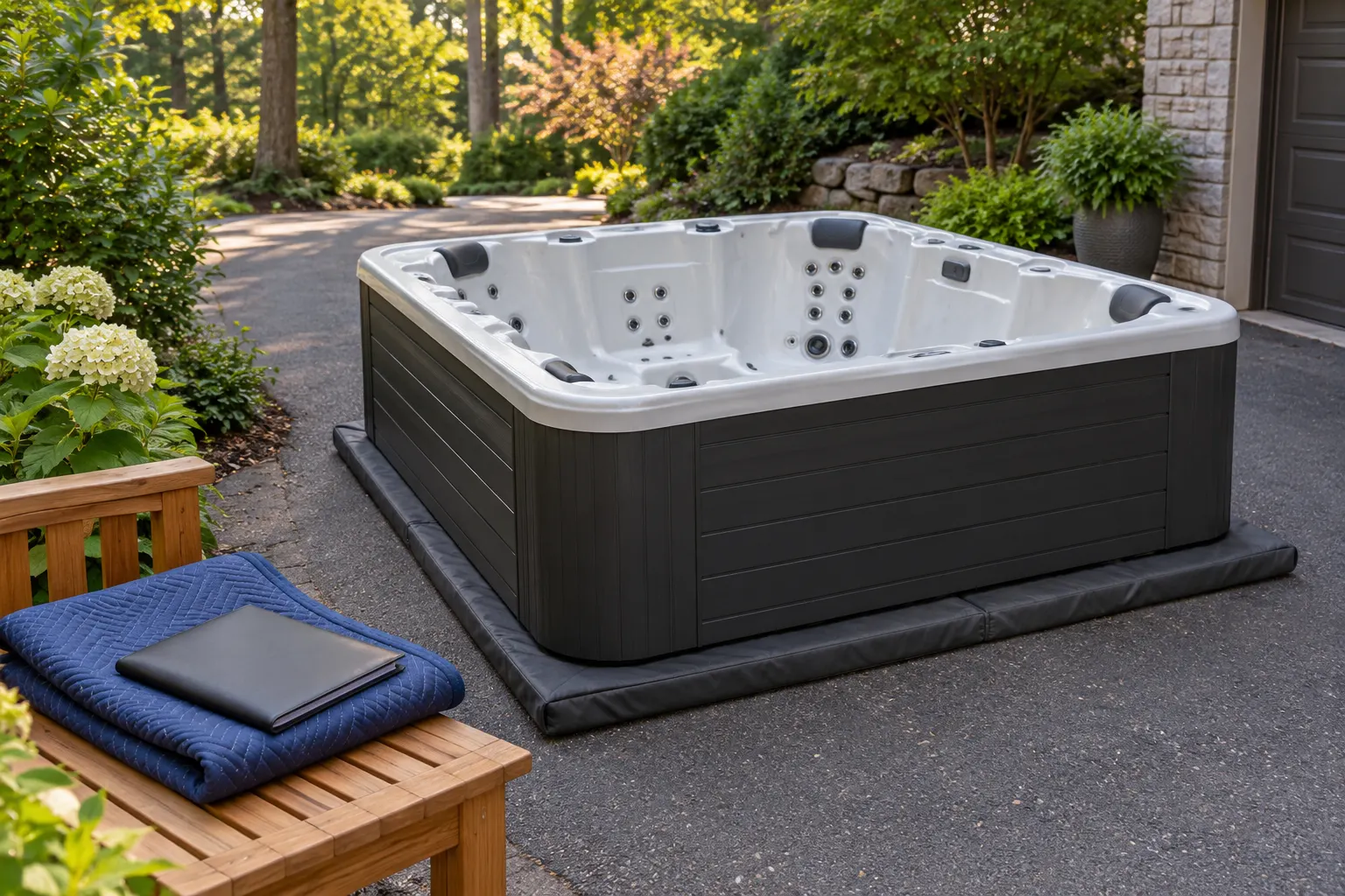 Illustration of a freestanding portable hot tub and its surrounding access area