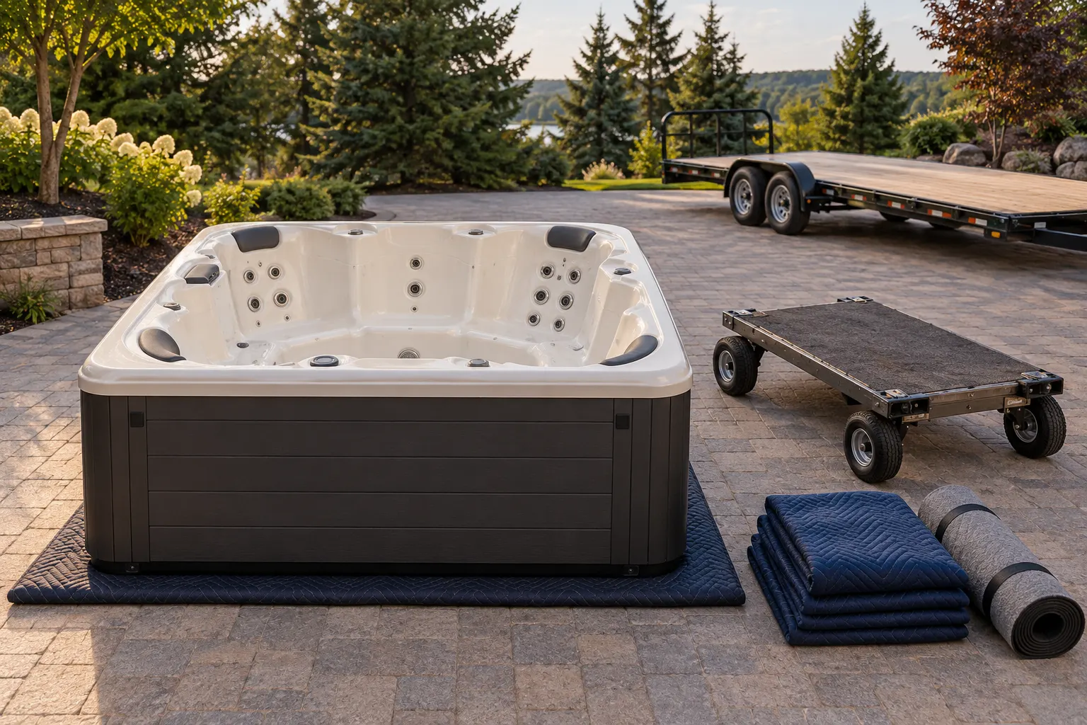 Illustration of a freestanding portable hot tub and its surrounding access area