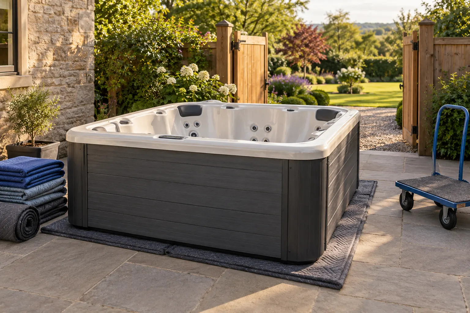 Illustration of a freestanding portable hot tub and its surrounding access area