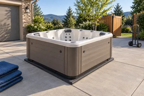 Illustration of a freestanding portable hot tub and its surrounding access area